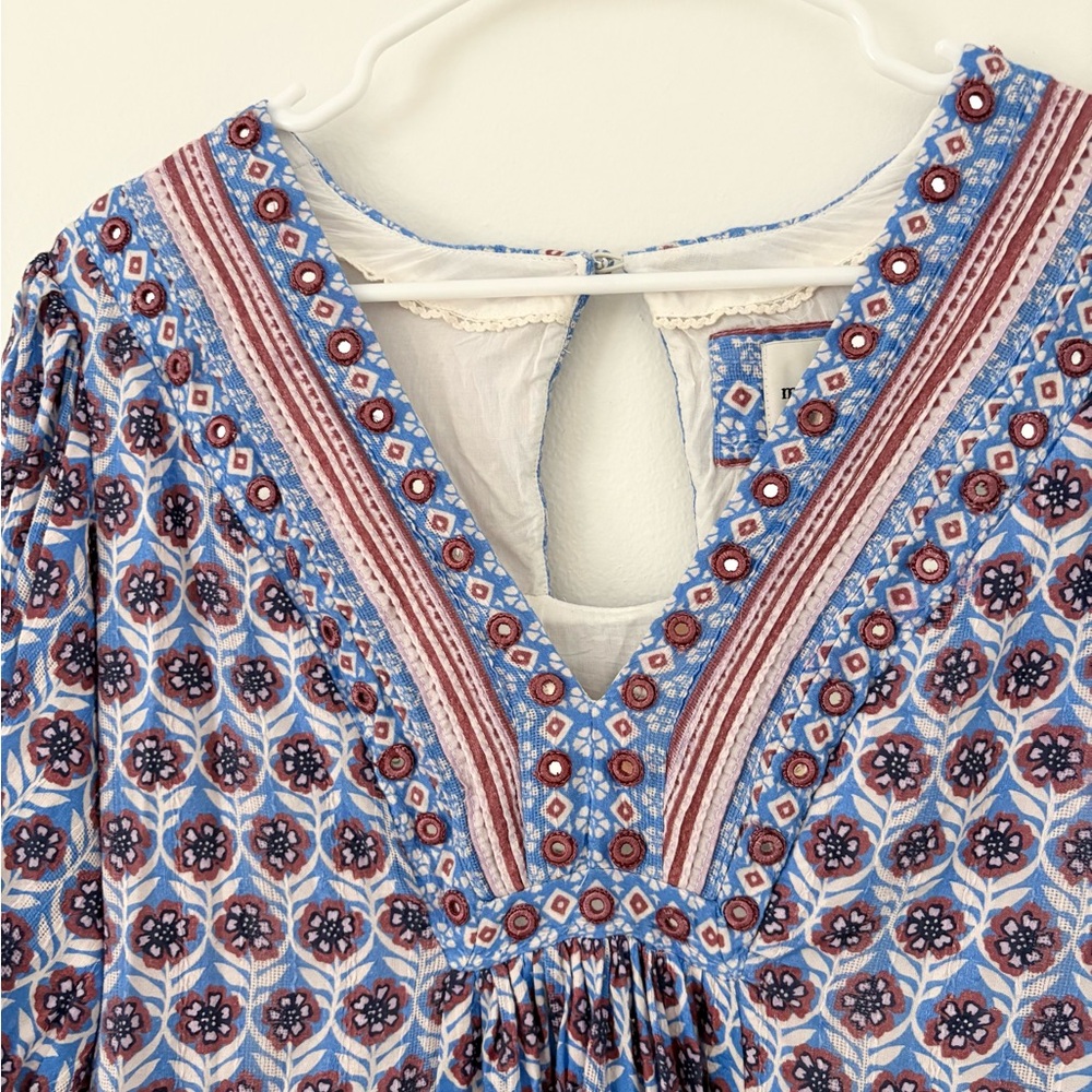 Anthropologie Maeve Puff Sleeve V Neck Medallion Lined Mini Dress Size Medium - Picture 9 of 14
